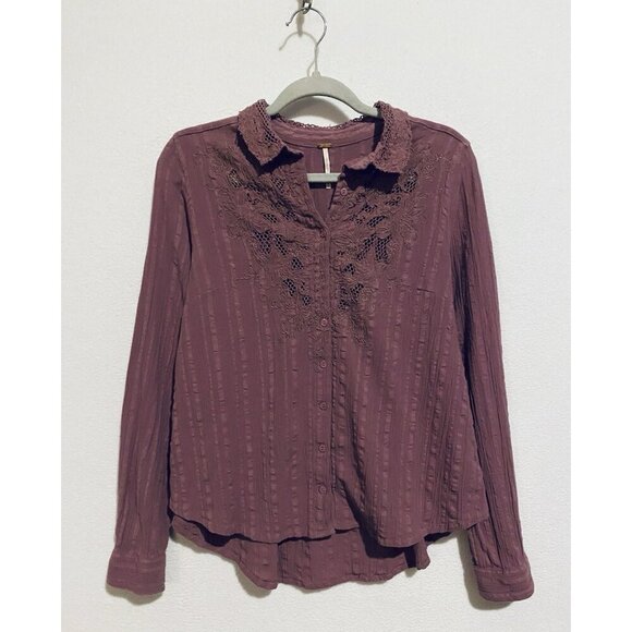 Free People Top Womens Small Purple Dobby Button Up Embroidered Crochet Boho - Picture 2 of 8